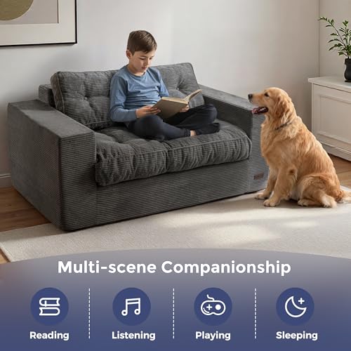 Image of MAXYOYO Loveseat Sofa Couch, Upholstered Bean Bag Chair Cloud Seat for Adults, Boneless Couch with Cushion & Pillows, Sofa in A Box, No Assembly Required, Corded Dark Grey, 2-Seat