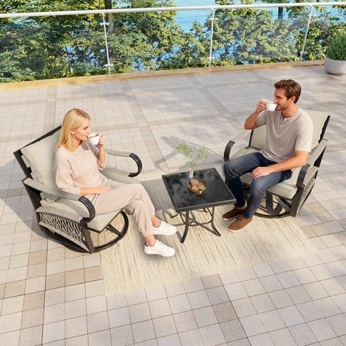 Image of 3 Pieces Outdoor Furniture Set, Metal 360 Swivel Rocking Chairs Bistro Sets, Patio Conversation Set with Side Table for Deck, Porch, Garden, Backyard, Poolside (Beige Cushions)