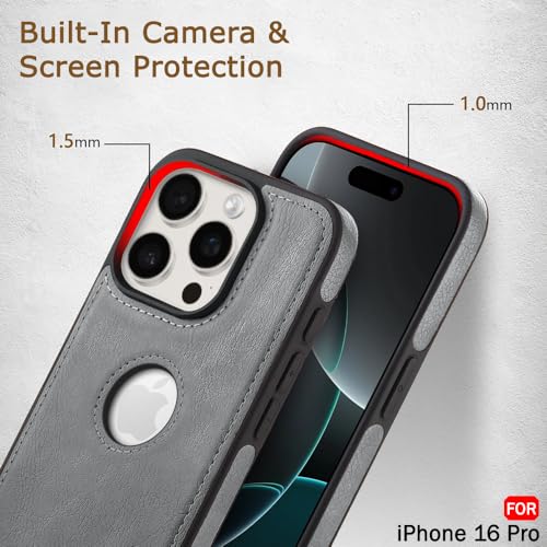 Image of TheGiftKart Genuine Leather Finish Back Cover Case for iPhone 16 Pro | Shockproof Design | Raised Edges for Camera & Screen Protection | Stunning Minimalist Design Back Cover for iPhone 16 Pro (Grey)