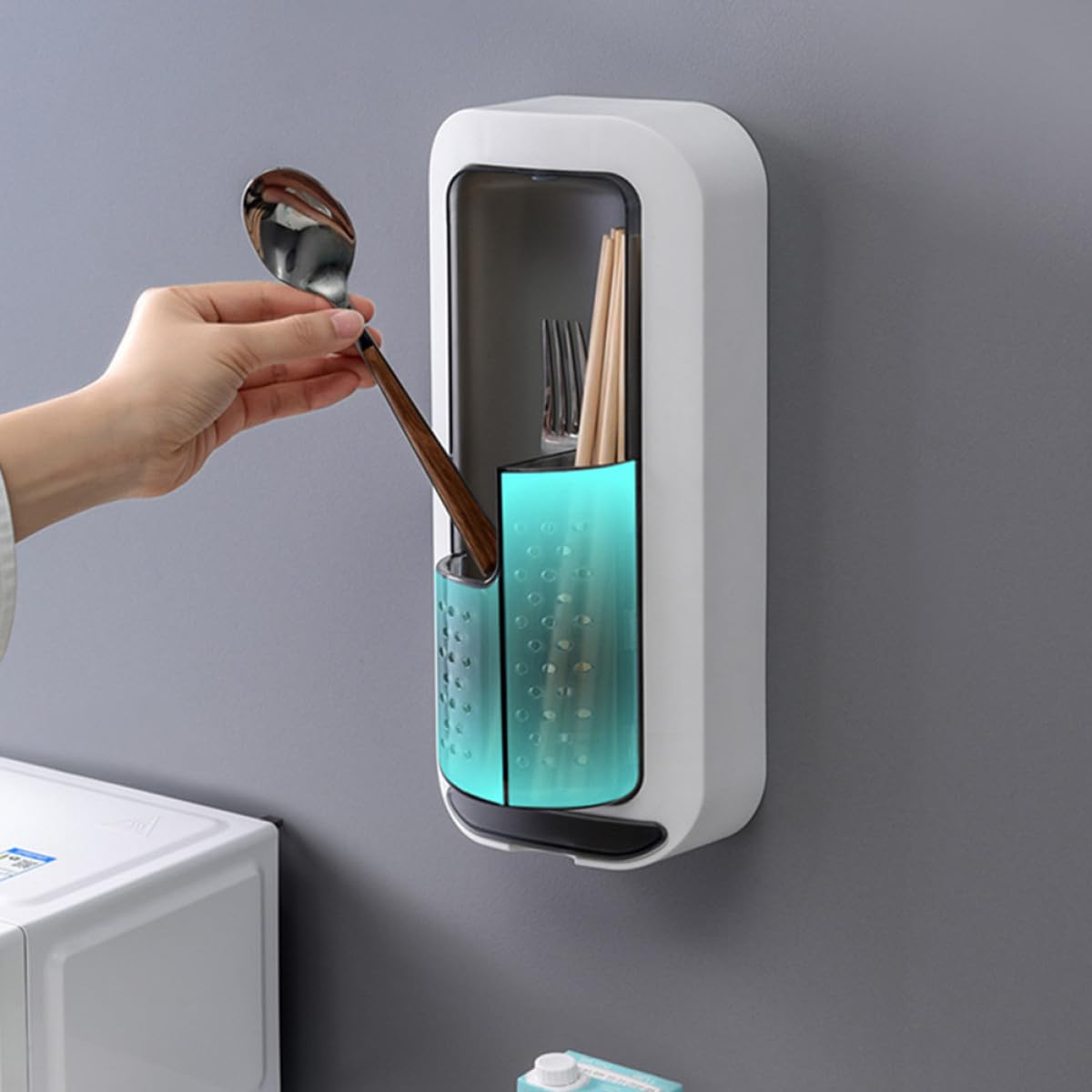 Housoutil Caja Porta Utensilios de Cocina Gris Drenaje y Diseño Giratorio Soporte de Pared para Cubiertos y Palillos Organizador Compartimentos para Cucharas y Tenedores Almacenamiento