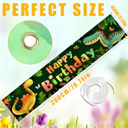 Image of Dinosaur Birthday Outdoor Banner 78.7 x 17.7 Inch Green Jungle Cartoon Dinosaur Pattern Party Decoration for Yard Garden Fence Porch Patio or Outdoor Celebration Display