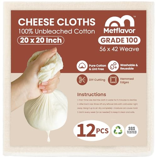12Pcs Reusable Cheese Cloths 20x20 Inch, 100 Grade Cheesecloth Hemmed