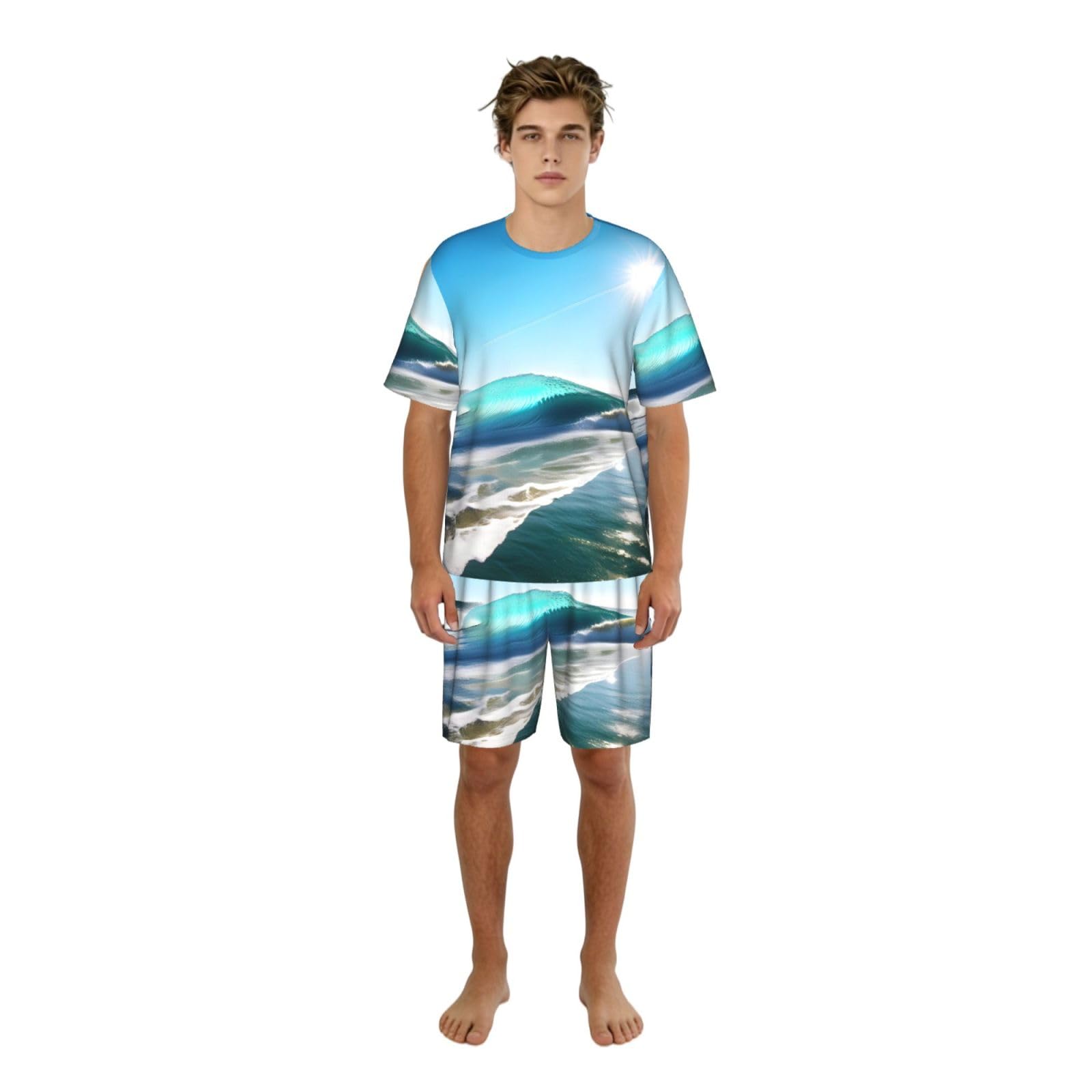 Conjunto de pijama clásico para hombre, estampado de olas de cielo claro, pantalones cortos de pijama suaves para hombre, perfecto para las noches de verano