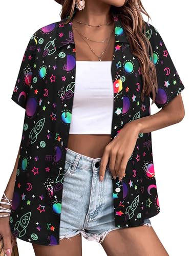 Ezcosplay Womens Space Button Down Shirts Funny Astronaut Universe Planet Solar System Galaxy Graphic Tees Tshirt Blouse