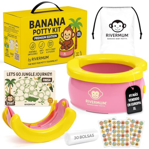 RIVERMUM® Kit Orinal Portatil Niños Plegable Banana XL, Orinal Infantil Pórtatil para viajes o casa, WC Inodoro portatil Niños, Potty Training, Incluye Bolsas, Pegatinas y Cacalendario (ROSA)