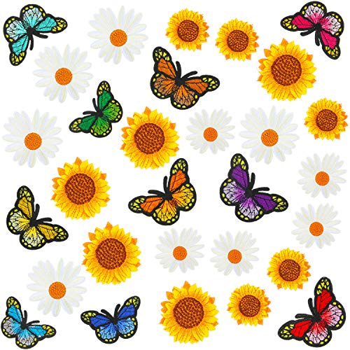 30 Pieces Butterfly Patch Daisy Sunflower Patch Iron on Appliques Sew On Embroidered Patch for Backpack Shoes Jacket Clothing Jeans Repair Patch