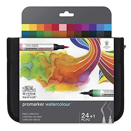 Winsor & Newton ProMarker Watercolour Marker, Basic Collection, 2 Tips: Brush and Fine Tip, Lightfast, Highly Pigmented Watercolour Colours in Marker for Calligraphy, Drawings, 24 Colours Set