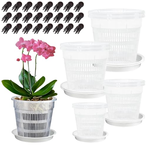 Richaa 8 Stück 11/14/16/19cm Orchideentöpfe Mit 24 Pflanzenclips & Ablauflöchern Orchideentopf Transparent Pflanztöpfe Orchideentopf Anzuchttöpfe Plastik Untertopf Pflanzen für Orchideen Sukkulenten