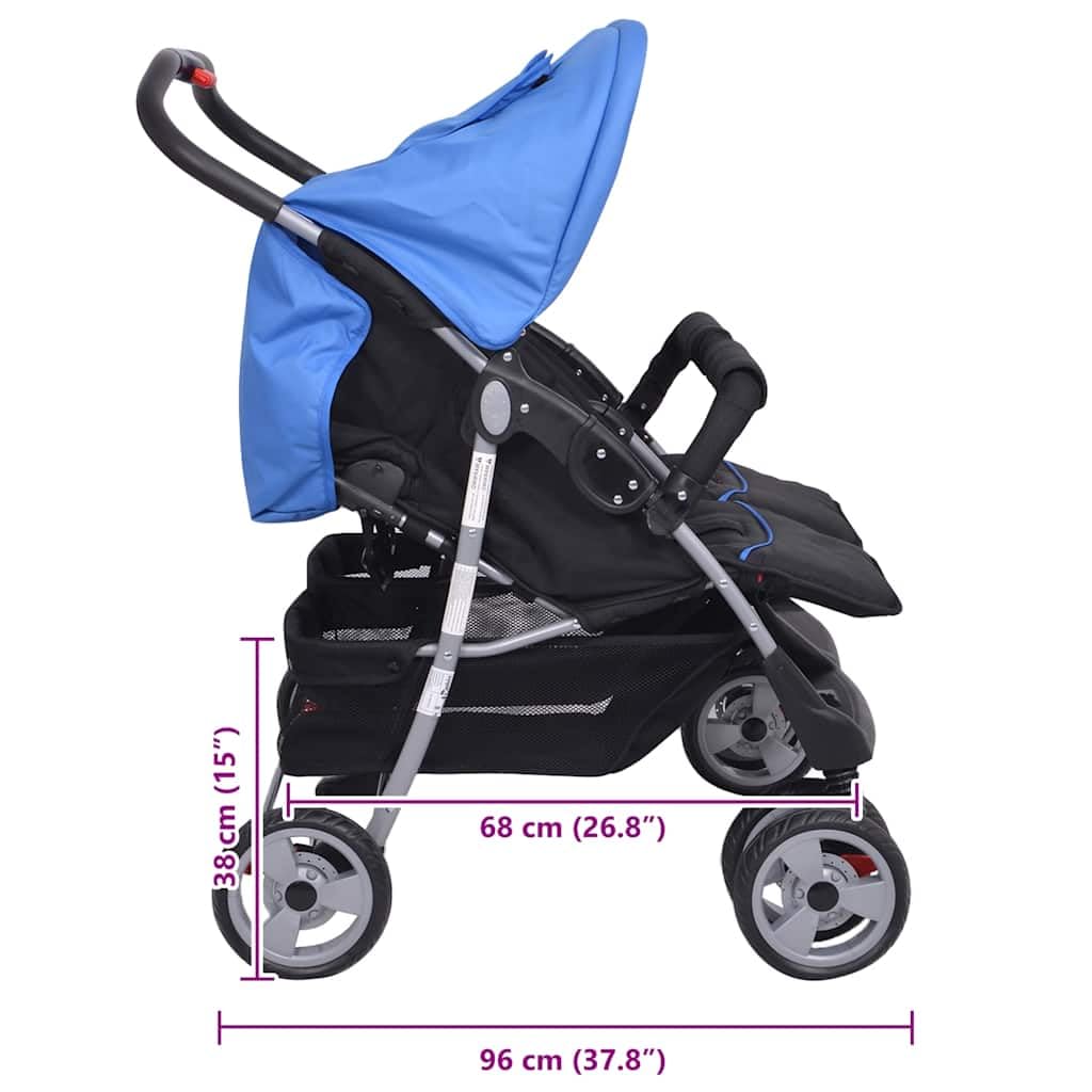 Carrito doble de acero azul y negro plegable con función reclinable y toldo, compacto y ligero para bebés y niños pequeños, ideal para la ciudad, viajes y terrenos