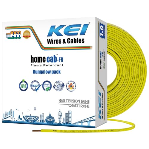 Image of KEI WIRES & CABLES Homecab 1 sqmm 1 Core 99.97% Pure Copper Conductor Flame Retardant House Wire PVC Insulated Cable for Domestic & Industrial Electrical Wiring (Yellow, 180 Meters)