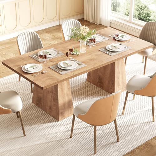 Image of LITTLE TREE Dining Table for 6 People, Wooden Table, Rectangle Furniture with Heavy Duty Legs, Modern Kitchen Table for Home, Dining Room, Oak