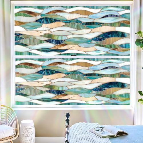 Image of Window Privacy Film Stained Glass Mosaic Teal, 39.37x17.32 in