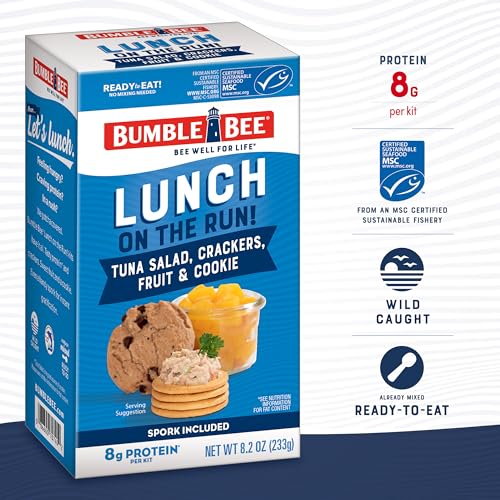 Image of Bumble Bee Lunch On The Run Tuna Salad with Crackers Kit, 8.2 oz - Ready to Eat, Includes Crackers, Cookie & Peaches - Wild Caught Tuna - Shelf Stable & Convenient Source of Protein (Pack of 6), Easy Open Cans