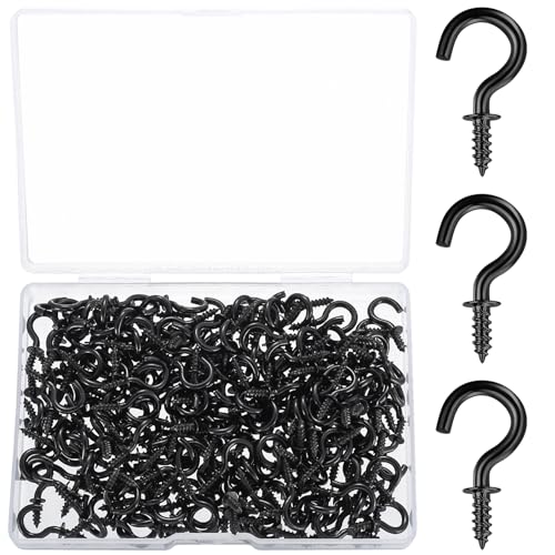 ZHENGYYUU 200 Pcs Ganchos de Tornillo, Ganchos de Rosca Pequeños, Mini Ganchos de Techo, Gancho de Tornillos, Alcayatas Pared para Colgar Tazas Luces Plantas Decoraciones Jardín Cocina Baño (Negro)