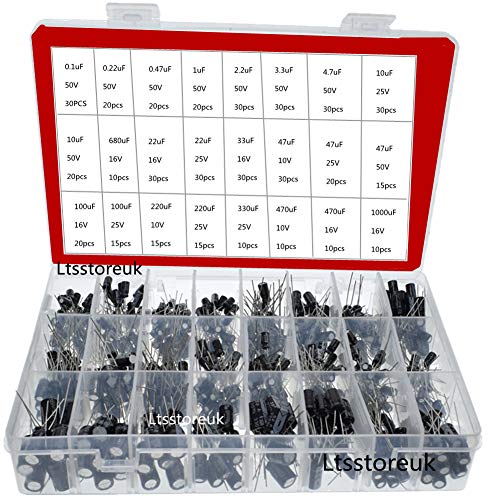 Ltsstoreuk Elektrolytkondensator-Set, 16 V, 25 V, 50 V, Aluminium, radiale Leitungs-Kondensatoren, Sortimentskasten, Set mit 500 Stück, Reichweite 0,1 uF ~ 1000 uF, schwarz Cover
