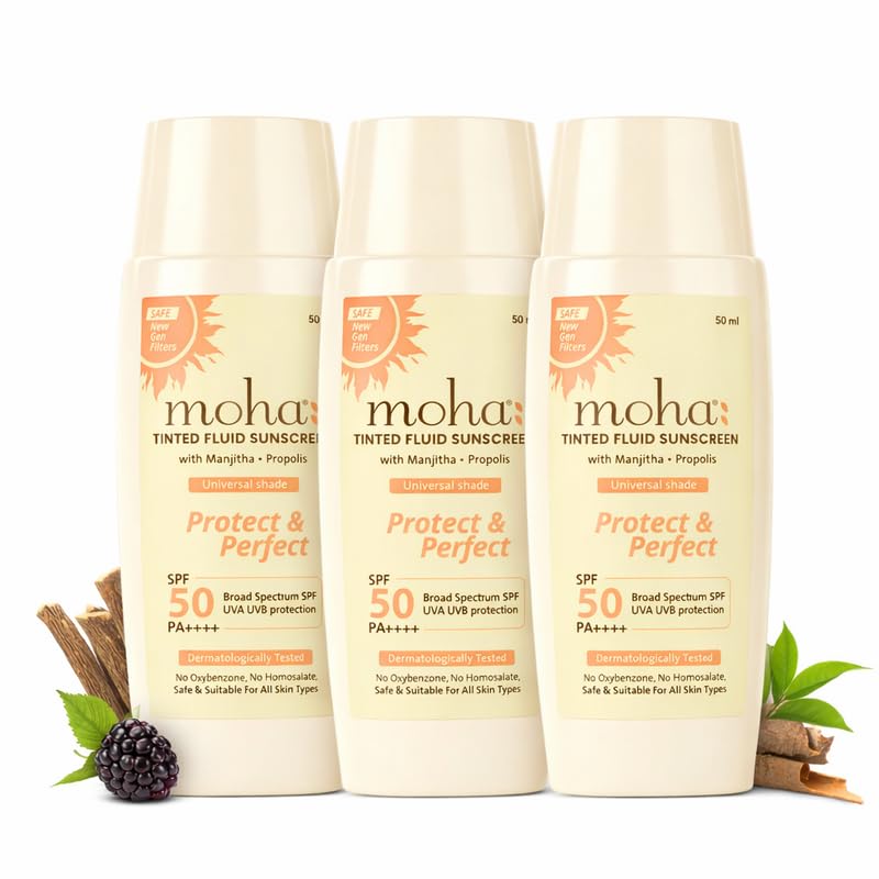 Image of Moha Tinted Fluid Face Sunscreen SPF 50 PA++++ India's 1st with New Gen filters | New-Gen Photostable UV Filters | pH balanced | Advanced botanical for skin repair and tone perfecting | | Lightweight Makeup Base | | For All Indian Skin Tones | For Men & Women 50 ml Pack Of 3