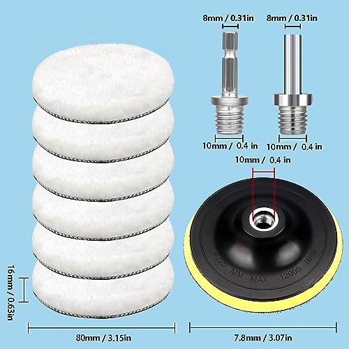 Polieraufsatz Winkelschleifer Polierhaube Polierschwamm 80mm Klett Polierscheibe Polierpads,5 Stück Wolle Polieraufsatz,Polierpad mit 6 Winkel Griff,Rundadapter,Leicht Austauschbar