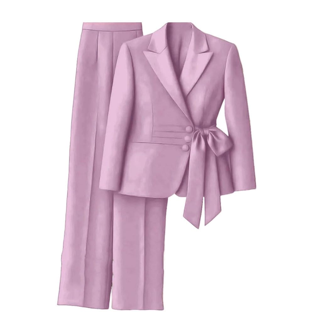 Women Two Piece Suit Set Bow Peak Lapel Solid Color Jacket and Pants Business Casual Outfit