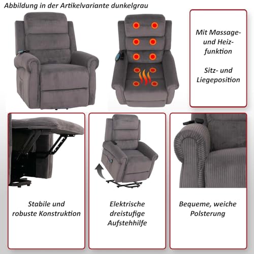 Mendler Fernsehsessel HWC-K63, Relaxsessel, Liegefunktion Aufstehhilfe Massage Heizfunktion, Stoff (220g/m²) Cord - dunkelgrau – Bild 3
