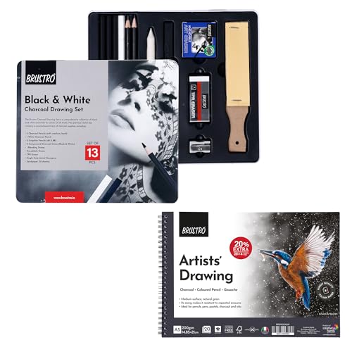 Image of BRUSTRO Black White Charcoal Set of 13 Pcs in a Metal Box With Artist's Drawing Wiro Pad, 200 GSM, A5, 24 Sheets | Ideal For Sketching, Shading, Portrait,Landscape,Fine Art and Professionals