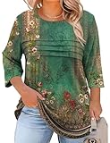 LOMON Plus Size Clothes 3/4 Length Sleeve Dressy Casual Tunic Tops Peasant Blouses for Women Loose Fit Shirts Bohemian Green 2X