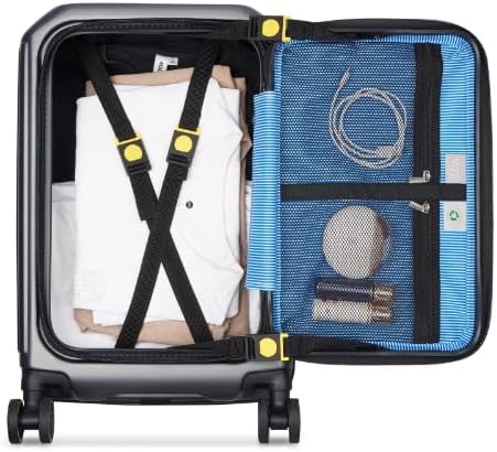 Interior view of the Delsey luggage showing packed items and organizational features.