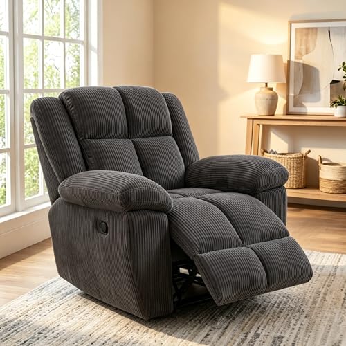Image of Oversized Corduroy Recliner Chair, Manual Lazy Boy Recliner with Home Theater Seating, Breathable Living Room Reclining Chair for Adults Reading, Gaming, Relax, Dark Gray