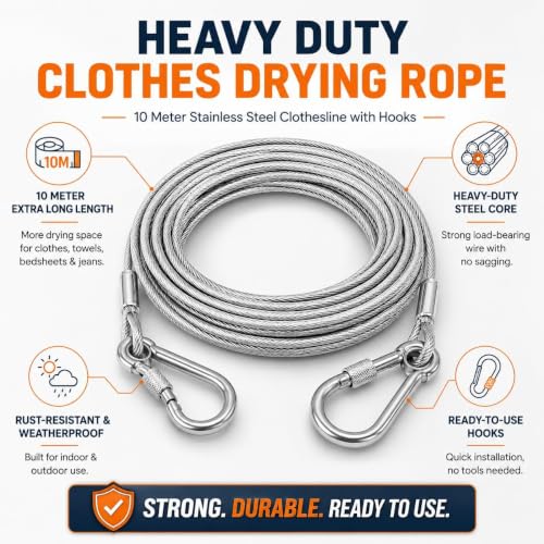 Image of Heavy Duty Clothes Drying Rope 10 Meter with Hooks | Strong Steel Clothesline for Balcony, Travel, Camping & Home Use | Rust Resistant Silver Clothes Line
