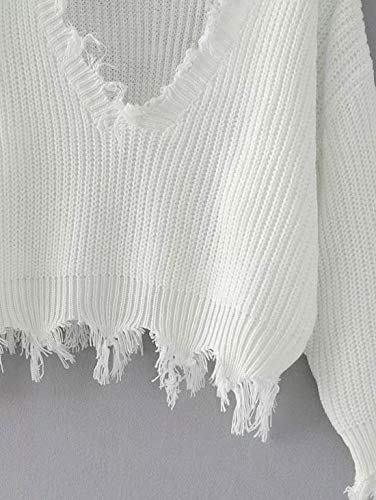 ZAFUL Women's Solid V Neck Loose Sweater Long Sleeve Ripped Jumper Pullover Knitted Crop Top White