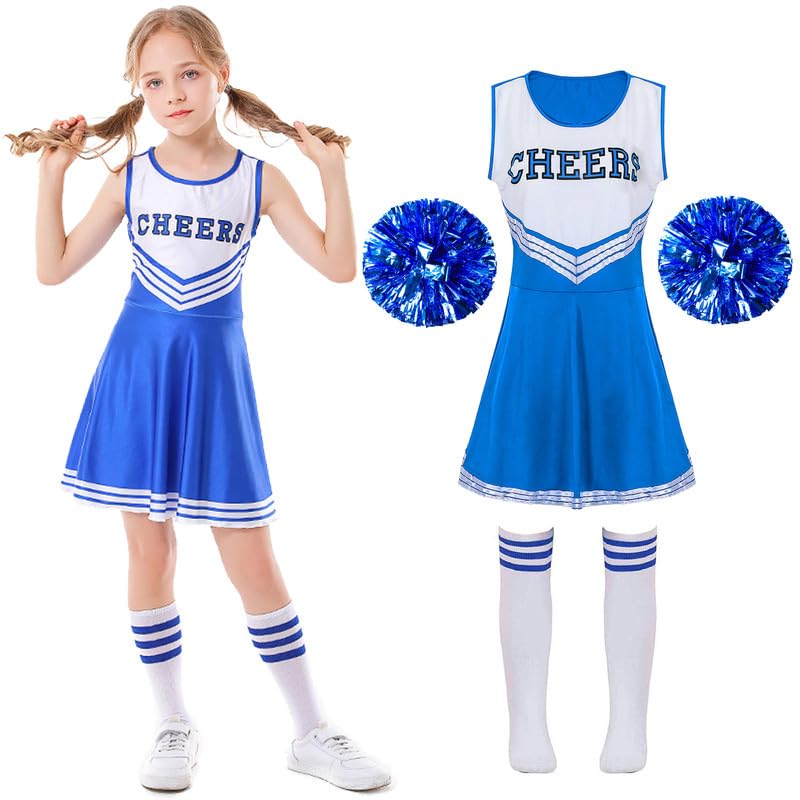 Amtum Cheerleader Outfit Cheerleader Costume Kids With Pom Poms Halloween Costume For Halloween Scary Dress Up Role Play PartiesBlue-110cm
