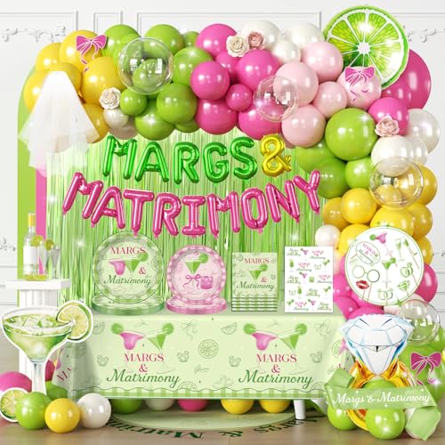 cocomigo 264pcs Margs and Matrimony Bachelorette for Bestie Best Friend Worry-free One-stop Set for 25 Guests includes Balloon Arch Plates Tablecloth Easy Setup for Margarita Bachelorette Party