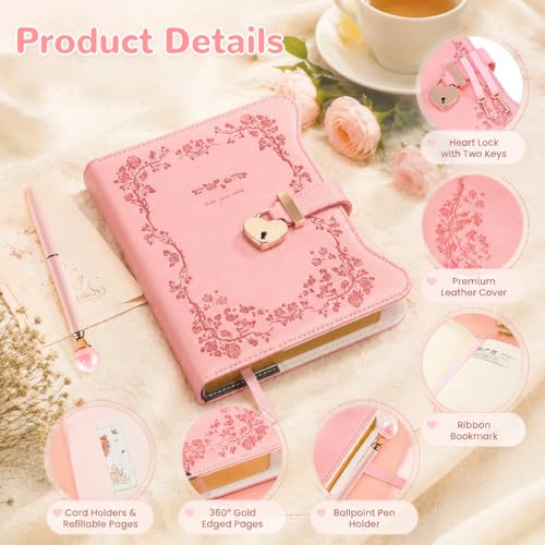 Image of Climberty B6 Heart Lock Diary for Girls Aesthetic, Rose Embossed PU Leather Journal with Keys, 180 Sheets Vintage Floral Personal Writing Notebook Set with Pearl Pen, Secure Diary with Lock for Women