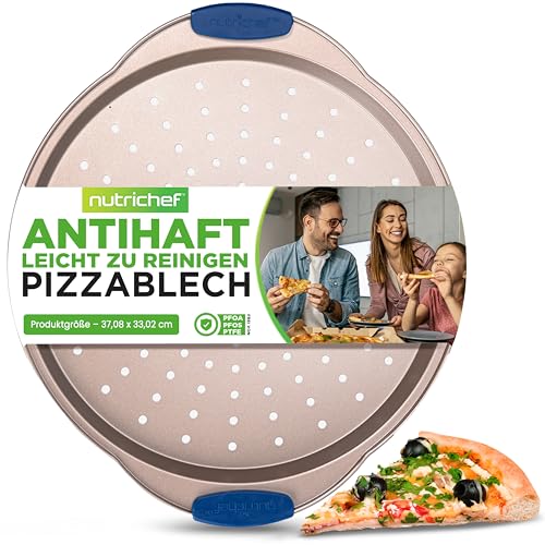 NutriChef Goldenes Pizzablech Ø 32 cm | Runde Backform für Pizza & Flammkuchen | Perforierte Oberfläche für gleichmäßige Hitze | Antihaft & robust, Gold