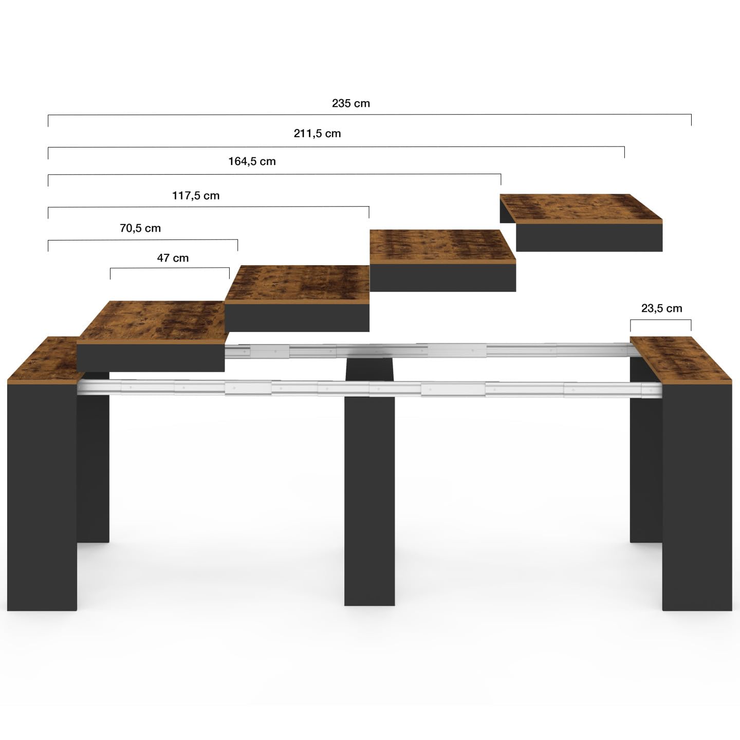 IDMarket - Ausziehbarer Konsolentisch Orlando 10 Personen 235 cm Holz Effekt gealtert und schwarz