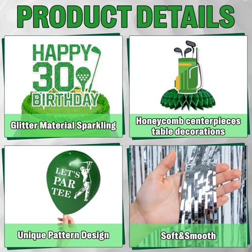 Image of 30th Birthday Decorations for Him, Golf 30th Birthday Decorations for Men Including THIR-TEE Banner Silver Fringe Curtain Golf Themed Honeycomb Centerpieces 30 Foil Balloons
