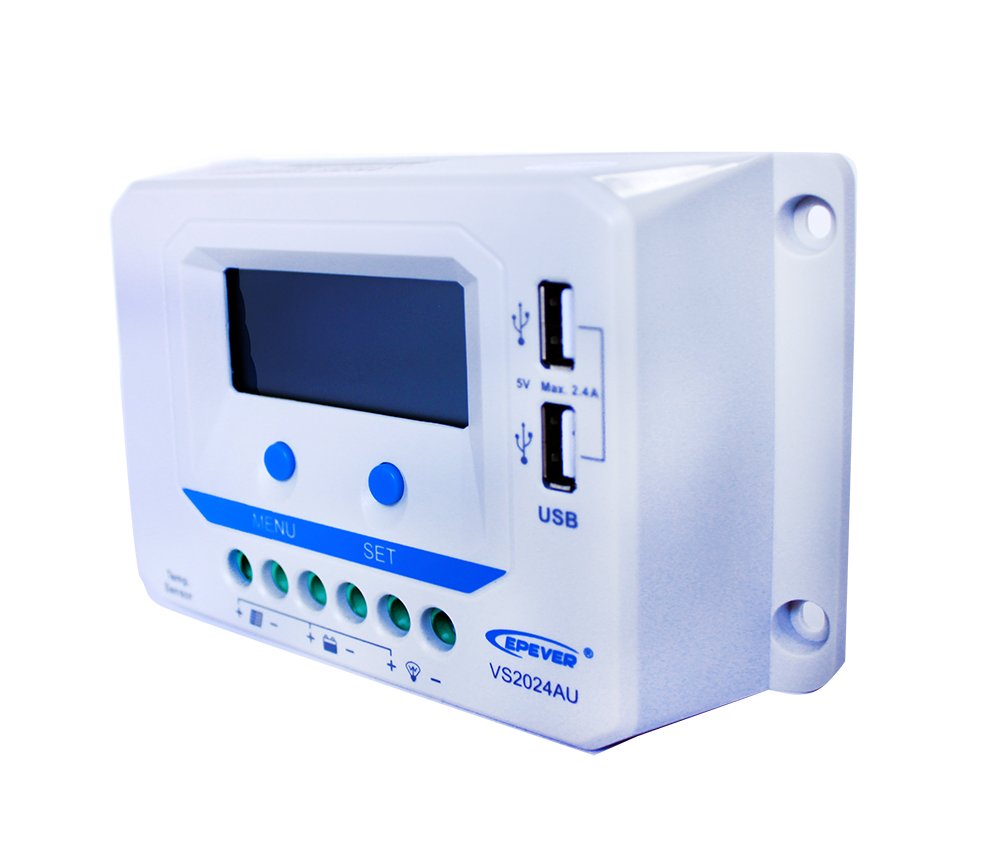 EPEVER controlador de carga solar PWM 20 A, 12 V/24 V Auto trabajo regulador de carga solar con pantalla LCD y doble puerto USB para batería de gel sellada (VS2024AU)
