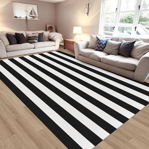 Aoczes Black and White Striped Rug 5x8 Cotton Woven Rug Farmhouse Washable Indoor Outdoor Area Rug Home Decor Carpet for Living Room Dining Room Bedroom Backyard Large Patio Mat