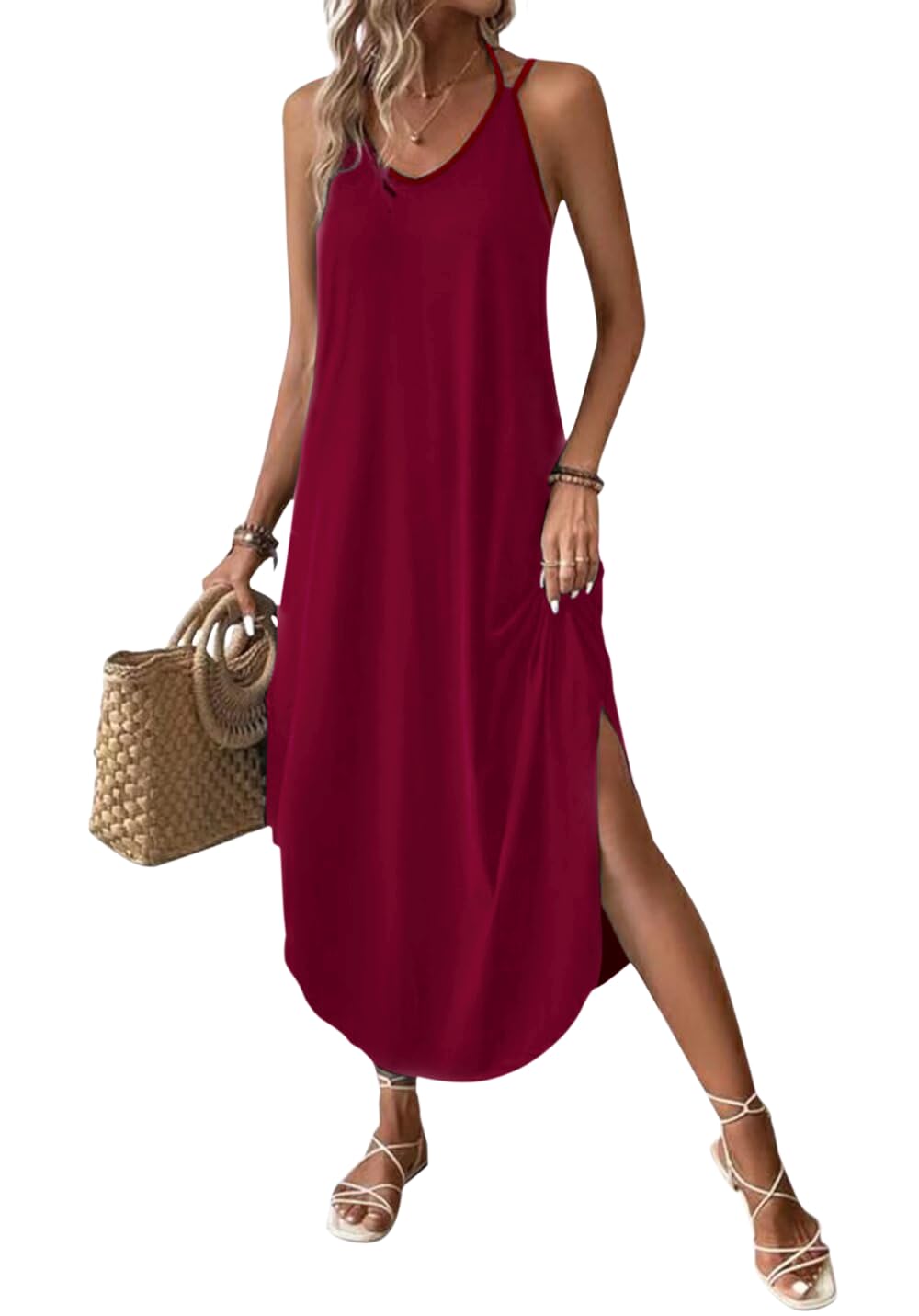 Chicrise Summer Dress Women's Spaghetti Strap Long Summer Sleeveless Maxi Dress V Neck Strappy Dress, burgundy, XXL