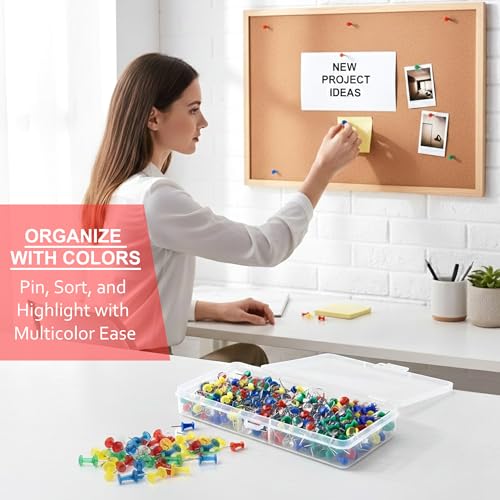 Image of 100 Pieces Steel Push Pins with Colourful Top, Durable, Strong & Sharp Thumb Tacks Pins for Notice Boards, Office & Home