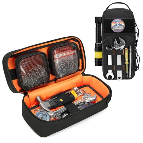 Rexmica Heavy Duty Small Tool Bag with 2 Detachable Tool Pouches, Multi-functional Tactical Molle Tool Work Bag with Padded Support for Camping, Road Trip, Electrical Work
