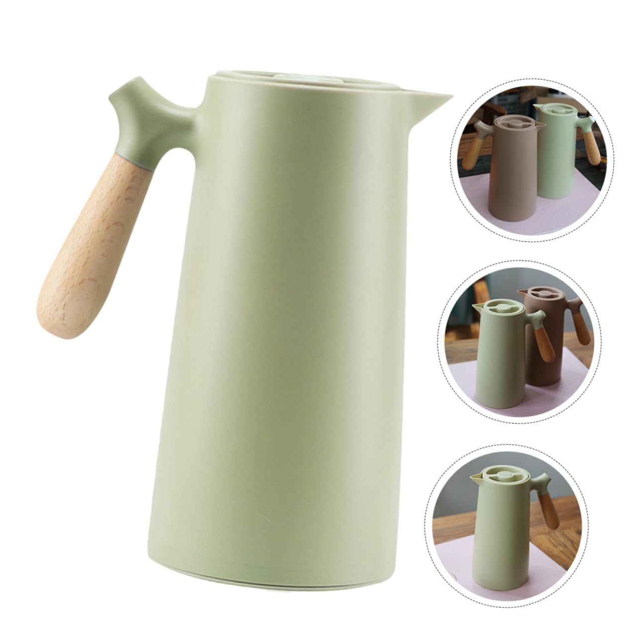 Mikinona 1l Isolierflasche mit Holzgriff im Nordischen Stil Thermoskanne für Kaffee und Wasser Doppelwandig Gesund und Sicher für Zuhause und Unterwegs