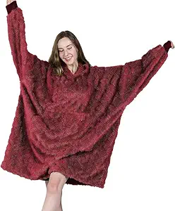 MIZZEO Oversized Wearable Blanket One Size Fits All, Super Warm and Cozy Flannel Hoodie Blanket for Women Men (BURGUNDY)