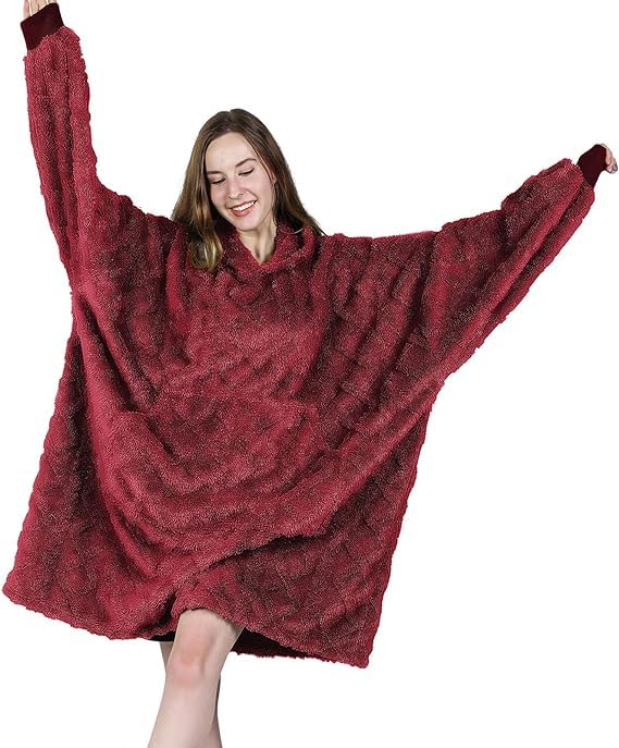 MIZZEO Oversized Wearable Blanket One Size Fits All, Super Warm and Cozy Flannel Hoodie Blanket for Women Men (BURGUNDY)