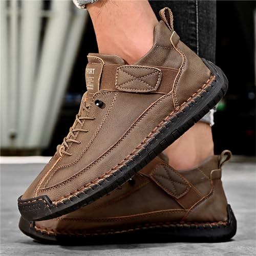 Image of Men'S Hand Stitching Leather Chukka Ankle Boots with Adjustable Elastic Band Casual Slip-On Non-Slip Walking Loafers Retro High Top Flat Shoes