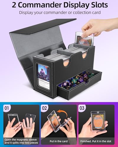 Image of MTG Deck Box, MTG Commander Card Deck Box with Commander Display, Fits 250+ Single Sleeved, Double Card Storage Box with Dice Tray, Magnetic Card Storage Case for CCG TCG Sports Cards, Black Grey