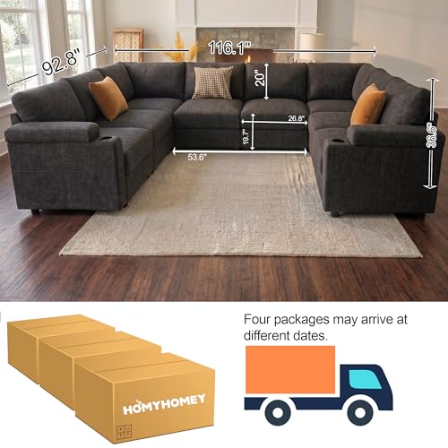 Image of Sectional Couches for Living Room FSC Certified Chenille Modular Couch Oversized Cloud U Shaped Convertible Sleeper Sofa Chaise Detachable Armrest Cushion (Chenille Grey, U Shape 8 Seat)
