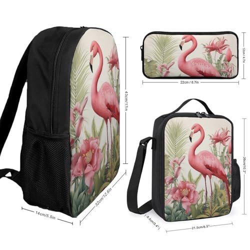 3 Piece Backpack for Women Men Lightweight Causal Daypack Shoulder Bag Set with Insulated Lunch Bag And Pencil Case Organizers Flamingo And Leaves2