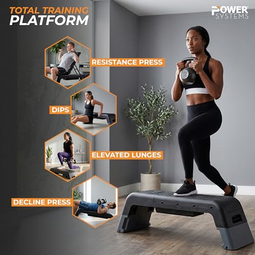 Image of Power Systems Step Bench & Weight Bench | Aerobic Platform & Plyo Box for Cardio, Strength | Commercial Grade Full Body Home Gym Stepper | Adjustable Multifunctional Deck & Resistance Band Clips