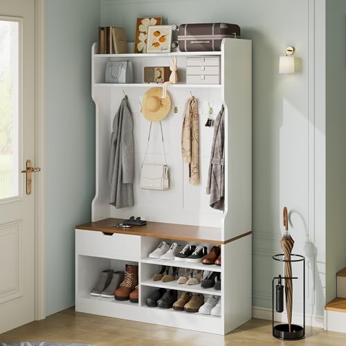 AesthLife Modern Hall Tree with Bench and Shoe Storage, Wooden Coat Rack with Hooks for Front Door Corner, Shoe Rack Organizer for Entryway (Classical White)