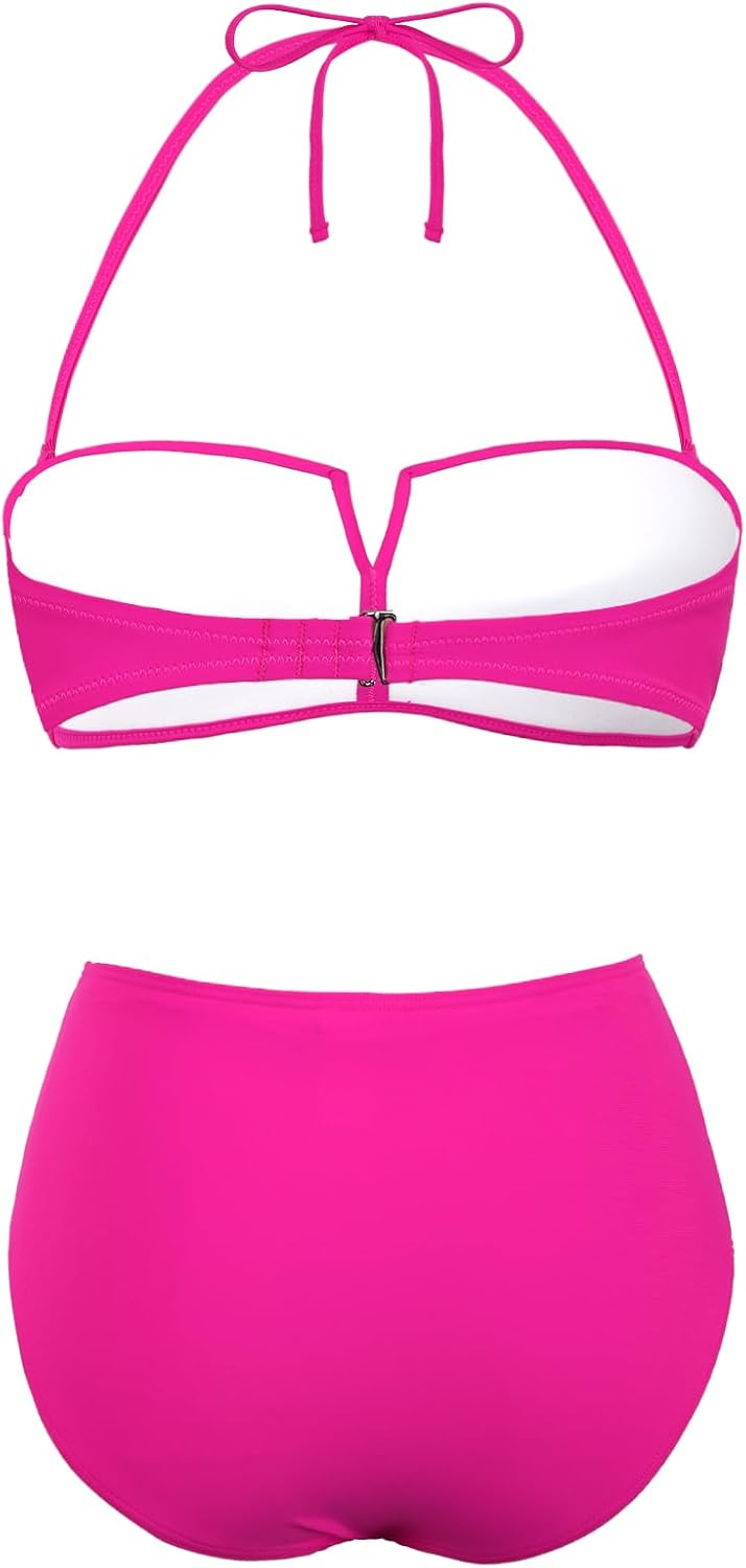 Hilor Bandeau Two Piece Bathing Suits for Women with Strap Retro High Waisted Swimsuits Sexy Push Up Bikini Swimwear